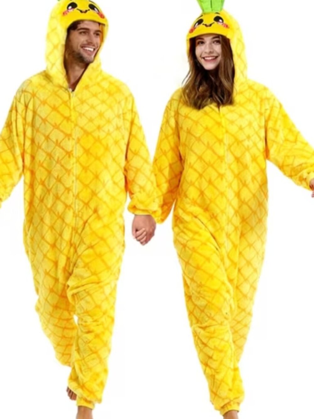 Unisex Adult Pineapple Fleece Onesie Cosplay Suit with Matching Slippers